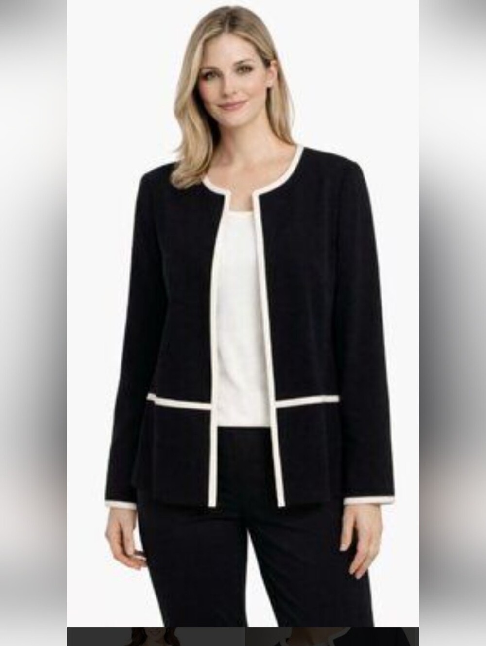 Classic Black and White Trim Open-Front Women's Jacket